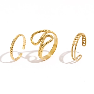 Three-piece gold plated stainless steel hollow ring set with adjustable open design