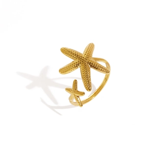Golden stainless steel open ring featuring dual starfish with textured grain details