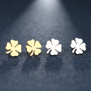 Polished stainless steel four-leaf clover stud earrings in gold and silver set