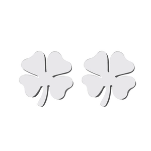 Polished silver stainless steel four-leaf clover stud earrings for women and girls