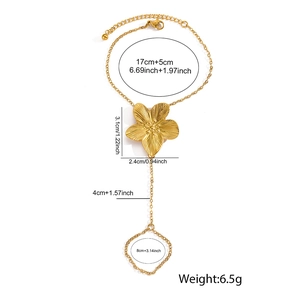 Detailed dimensions of gold sunflower hand harness with bracelet and ring measurements