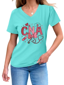 Close-up of CNA heart nursing theme print on teal V-neck short sleeve T-shirt for women