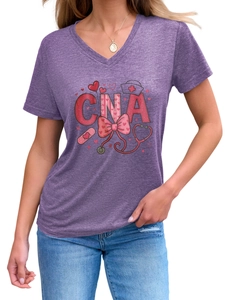 Detail of V-neck Heather Purple CNA t-shirt with nursing icons and artistic heart print