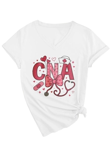 Detail of CNA heart graphic print on women's white V-neck nursing assistant t-shirt