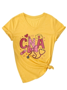 Detail of V-neck short sleeve CNA nursing theme t-shirt in bright ginger yellow color