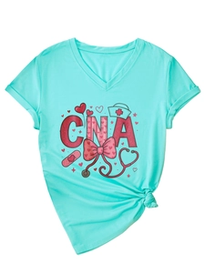 Detail of light blue V-neck CNA t-shirt with heart, stethoscope, and nurse hat prints
