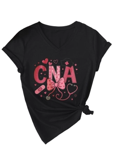Detail of black V-neck CNA t-shirt featuring nurse hat graphics and side-knot hem detail