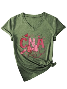 Detail of V-neck dark green CNA nursing t-shirt with heart and stethoscope prints