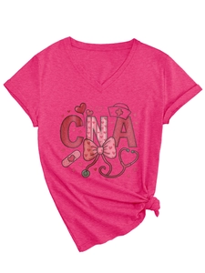 Detail of pink V-neck CNA nurse T-shirt with heart and stethoscope print design