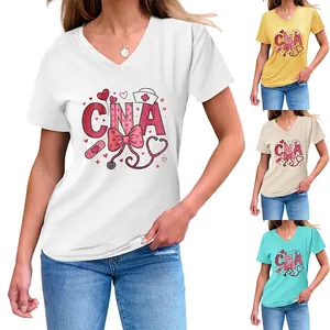 Women CNA Heart Balloon Nurse Assistant V-Neck Short Sleeve T-Shirt Cotton Blend Casual Medical Appreciation Top