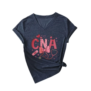 Women's navy V-neck CNA t-shirt with nursing heart and stethoscope graphic design