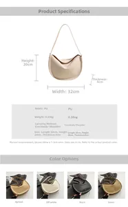 Detailed size specifications for the moon-shaped tote bag showing four chic color options