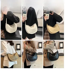 Collage of chic faux leather crescent tote bags in white, beige, black, and coffee colors