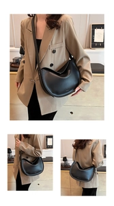 Detail views of black crescent tote bag showing premium leather texture and adjustable strap