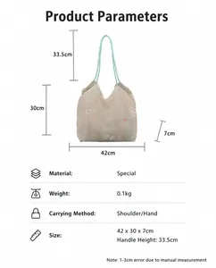 Detailed size specifications for beige embroidered floral tote with green woven handles