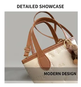 Detail of cream white bucket bag featuring embossed patterns and brown bear charm accessory