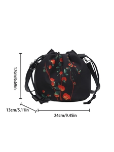 Sac seau noir de style chinois avec motif de persimmon rouge et cordon de serrage