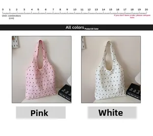 Close-up of pink and white quilted bow tote bags with reference scale and dot pattern