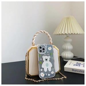 Detail of cartoon white bear and floral pattern on a transparent iPhone case with bag