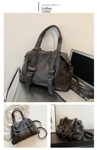Detailed coffee brown tote bag showing reinforced handles and smooth retro PU leather texture