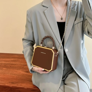 Chic brown octagonal box bag with gold metal frame and twisted handle for women