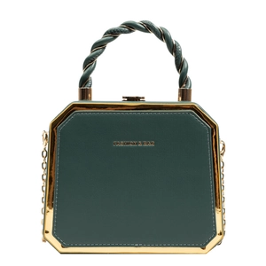 Dark green octagonal box bag with gold metal trim and chic woven top handle design