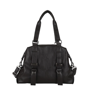 Vintage dark brown faux leather tote bag with double handles and metal buckles