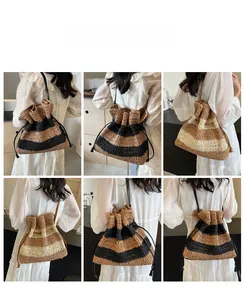 Detail view of large striped straw beach tote bag with drawstring closure in two colorways