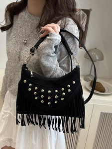 Black bohemian rivet tassel shoulder bag with gold studs and suede texture for women