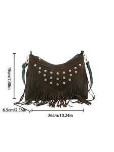 Brown suede crossbody bag with vintage studs, long tassels and green shoulder strap
