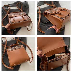 Multi-angle views of leopard print backpack with brown PU leather and adjustable straps