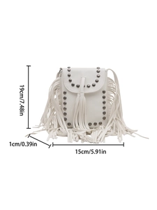 Borsa a tracolla vintage in pelle bianca con nappe, borchie e tracolla lunga
