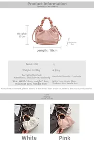 Detailed view of women's pleated bag with beaded handle and specific dimensions