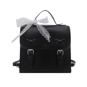 Retro black PU leather backpack with white lace bows and decorative buckle straps