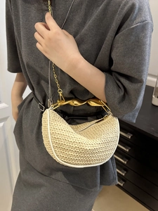 Summer woven half-moon handbag with gold twisted handle and chain shoulder strap for women