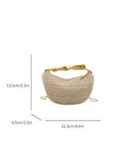 Beige straw woven crescent handbag with gold twist handle and chain strap for summer