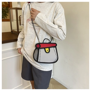 Detail of 2D cartoon style crossbody bag with comic outline and red flap design