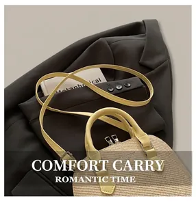 Detail of straw woven shell bag with bright yellow leather straps and silver zipper