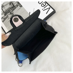 Detail shot of black and blue handbag with magnetic closure and metal key ring accessory