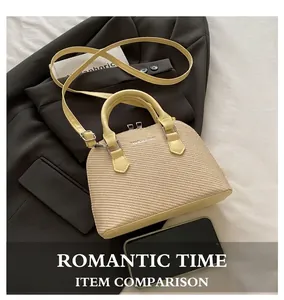Detail of light yellow woven shell bag with FASHION & BAGS logo and silver hardware