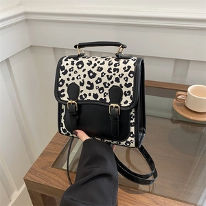 Retro leopard print mini backpack and handbag for women with metallic buckles