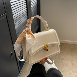Fashion Women PU Leather Small Square Bag With Printed Scarf Decor Metal Lock Crossbody Shoulder Bag Handbag For Daily
