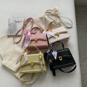 Chic women's small square handbags in four colors with silk scarf handles and gold clasps