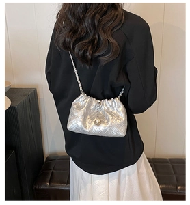 Silver metallic crossbody bag with woven texture, chain strap, and pearl charm detail