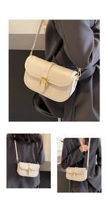 Three-angle views of an off-white saddle bag with a golden horseshoe buckle detail