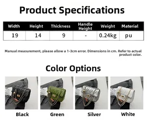 Detailed size specifications for the quilted chain shoulder bag with color options