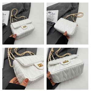 Detail shots of white quilted chain bag with gold hardware from multiple angles