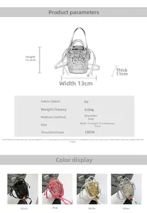 Detailed size specifications and color options for the sequined PU leather bucket bag