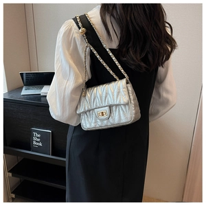Silver quilted chain bag with gold metal clasp shown on shoulder in modern setting