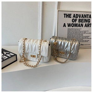 Detailed shot of mini quilted crossbody bags with chain straps in white and silver